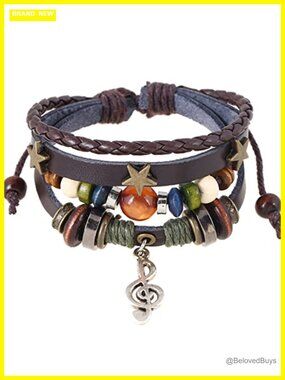 Fairycore Charm Bracelet Adjustable Leather Wood Bead Fabric Thread